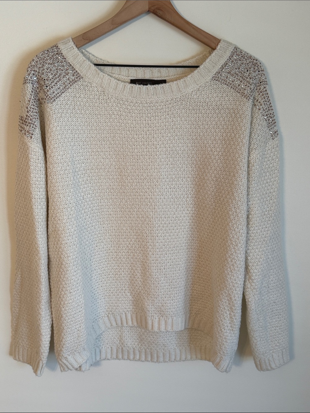 THE LIMITED Ivory Cream Embellished Shoulder Knit Crew Neck Long Sleeve Sweater